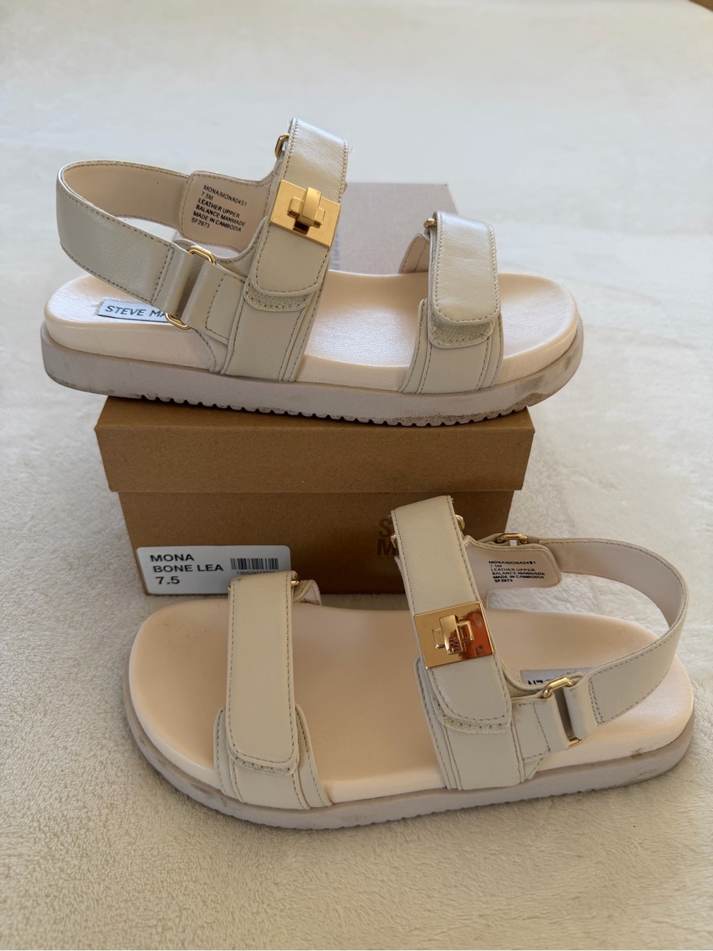 Steve Madden Bone Leather Strappy Sandals with Gold Hardware
